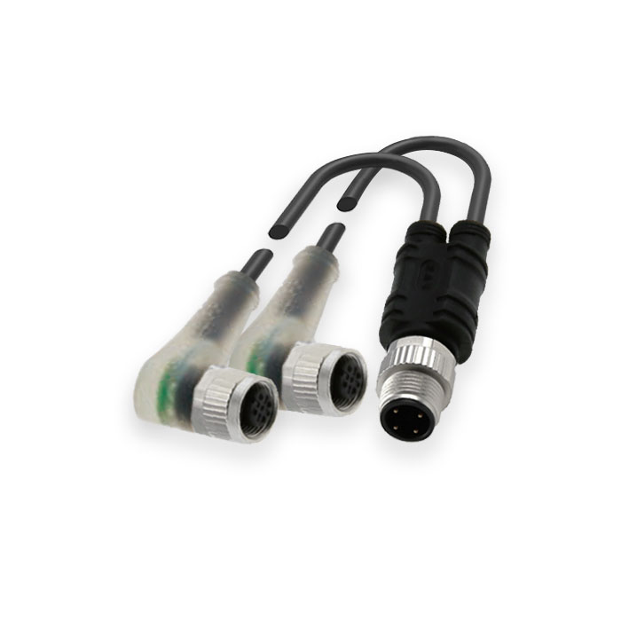 M12 4Pin公头 转 2xM12 3Pin母头90°带LED灯、Y型预铸PUR柔性电缆、黑色护套、64E421-XXX