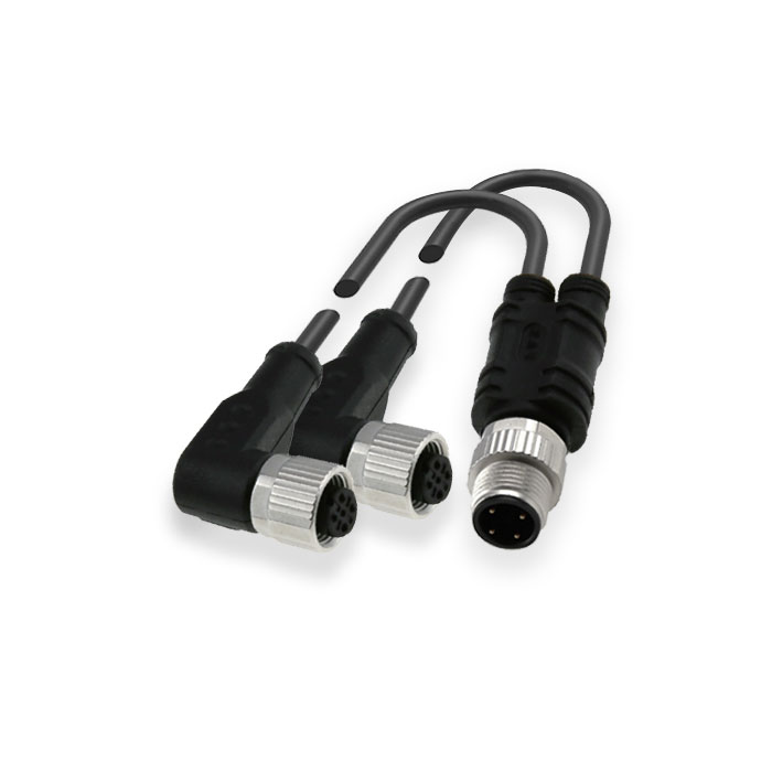 M12 4Pin公头 转 2xM12 3Pin 母头90°、Y型预铸PUR柔性电缆、黑色护套、64E441-XXX