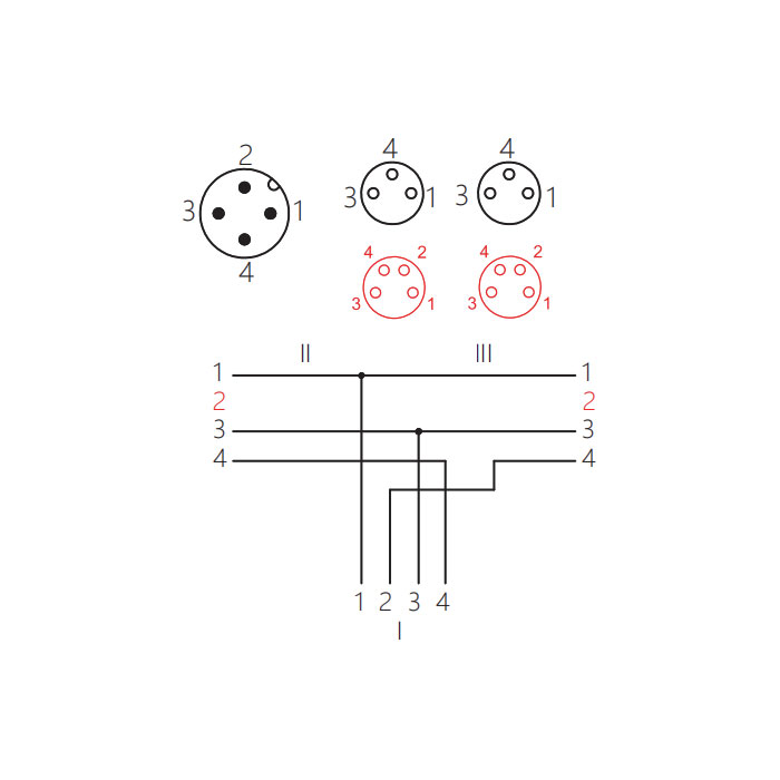 M12 4Pin公头 转 2xM8 4Pin母头、Y型预铸PUR拖链电缆、黑色护套、64D425-XXX