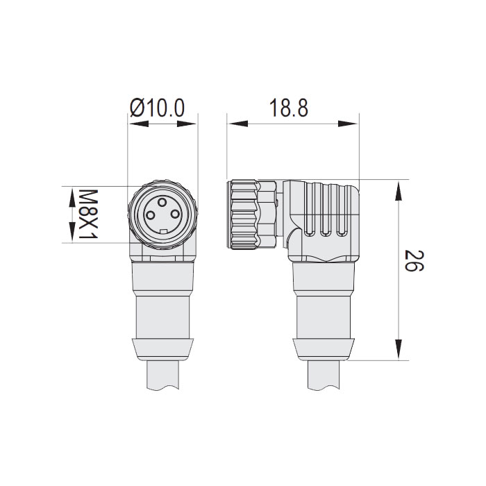 M8 3Pin、Female 90°、Single ended precast cable、Welding slag resistant PUR material、Orange sheath、63T021-XXX
