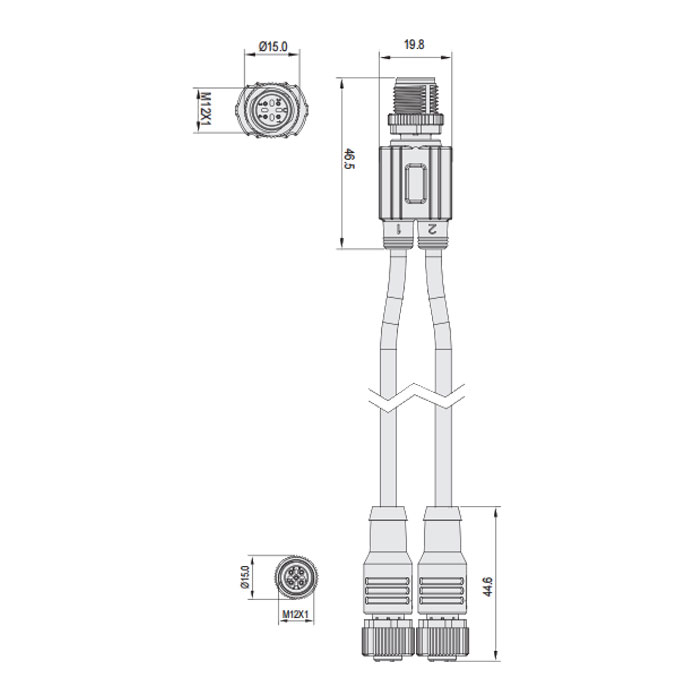 M12 4Pin公头/2xM12 3Pin母头、Y插头、预铸防焊渣PUR柔性电缆、橙色护套、64T163-XXX