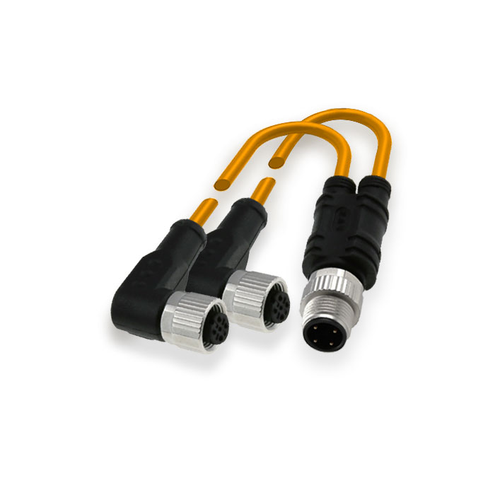 M12 4Pin公头/2xM12 3Pin 母头90°、Y插头、预铸防焊渣PUR柔性电缆、橙色护套、64T203-XXX