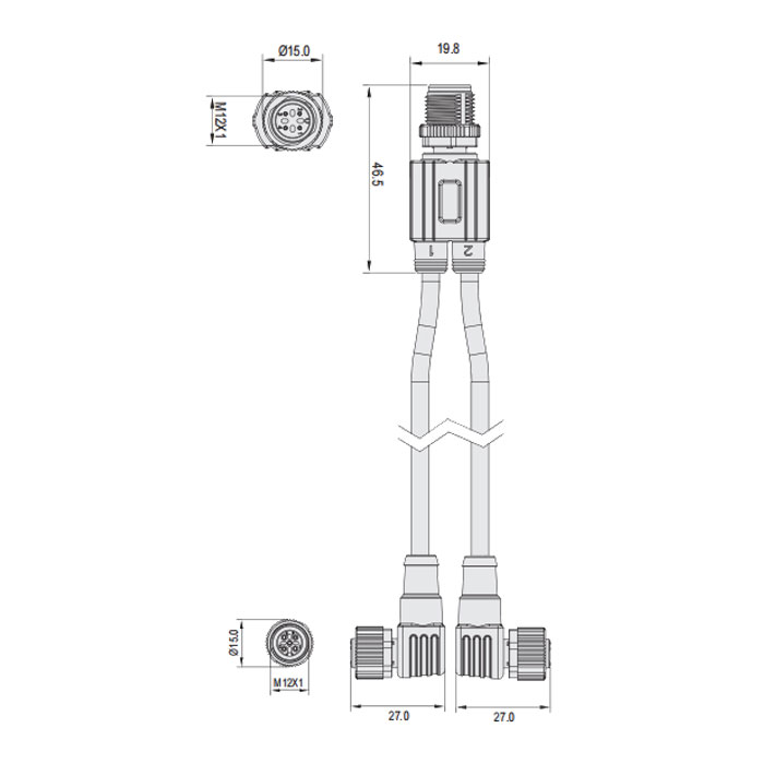 M12 4Pin公头/2xM12 3Pin母头90°带LED灯、Y插头、预铸防焊渣PUR柔性电缆、黄色护套、64T181-XXX