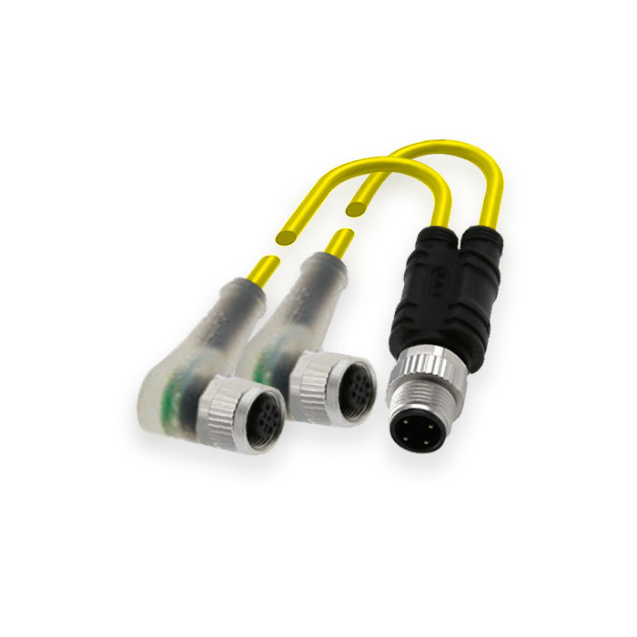 M12 4Pin公头/2xM12 3Pin母头90°带LED灯、Y插头、预铸防焊渣PUR柔性电缆、黄色护套、64T181-XXX