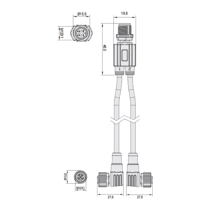 M12 4Pin公头/2xM12 3Pin母头90°、Y插头、预铸防焊渣PUR柔性电缆、黄色护套、64T201-XXX