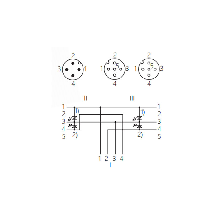 M12 4Pin公头/2xM12 3Pin母头90°带LED灯、Y插头、预铸防焊渣PUR柔性电缆、黄色护套、64T181-XXX