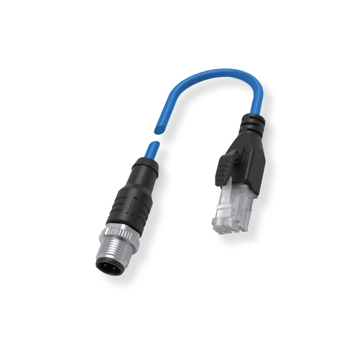 M12 8Pin 公头直型、X-coded转RJ45公头直型、双端预铸PVC非柔性电缆、带屏蔽、蓝色护套、Cat.6a 10Gbps、0CF463-XXX 