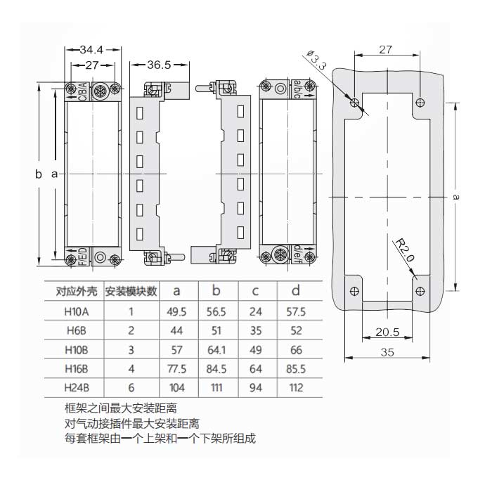 HM模块框架(母)、可安装2个准模块、适配H6B外壳、H6B-T2-F、09140060313