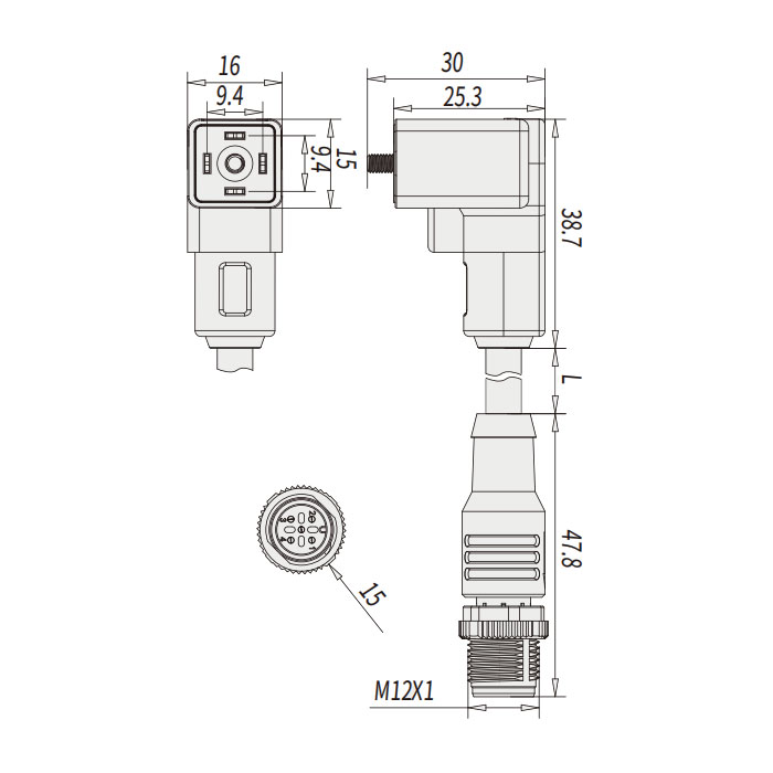 阀门插头类型C，工业，9.4 mm，4Pin转M12公头直型、双端预铸PUR柔性电缆、黑色护套、6VC061-XXX