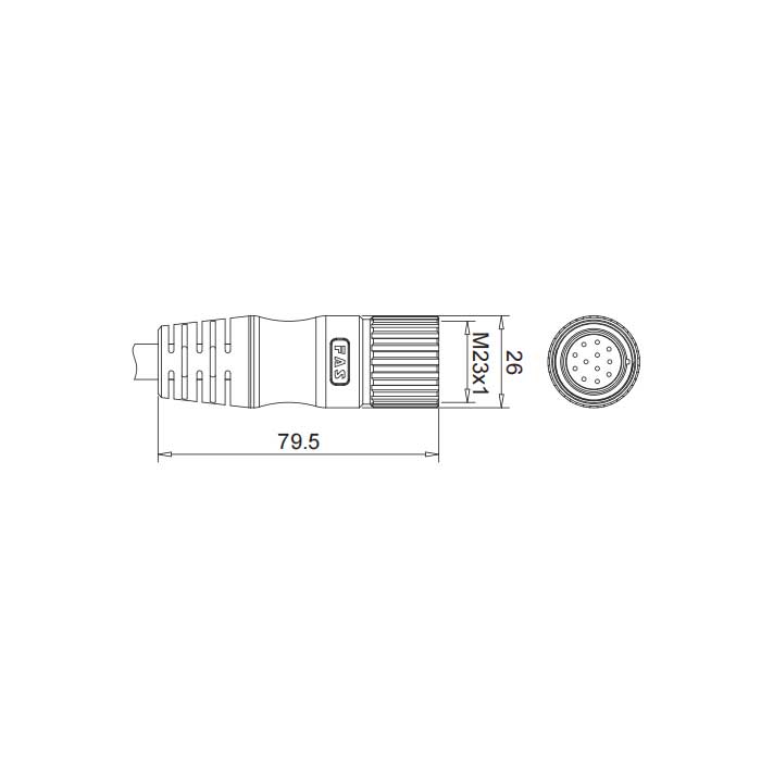 M23 12Pin、母头直型、单端预铸PUR柔性电缆、黑色护套、68CB01-XXX