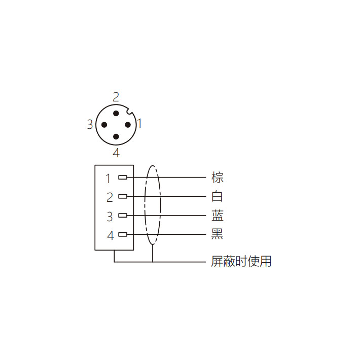 M12 4Pin、公头90°、单端预铸PUR柔性电缆、带屏蔽、黑色护套、64S525-XXX