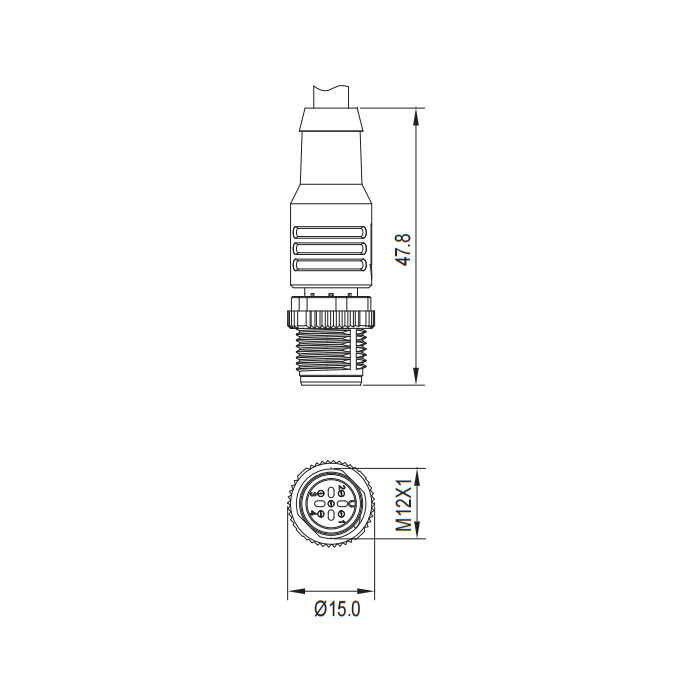 M12 3Pin、公头直型、单端预铸PVC非柔性电缆、灰色护套、64S003-XXX