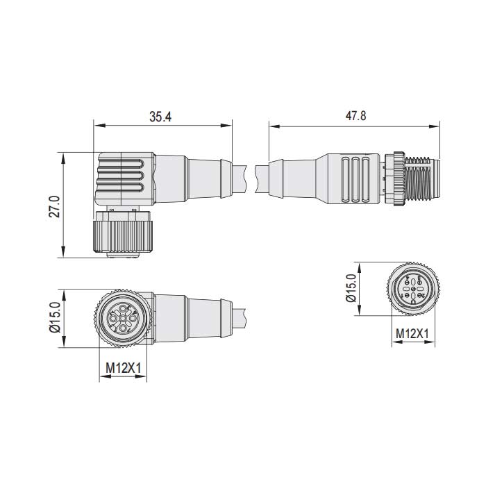 M12 5Pin 、母头90°转公头直型、双端预铸PUR柔性电缆、带屏蔽、黑色护套、64D305-XXX