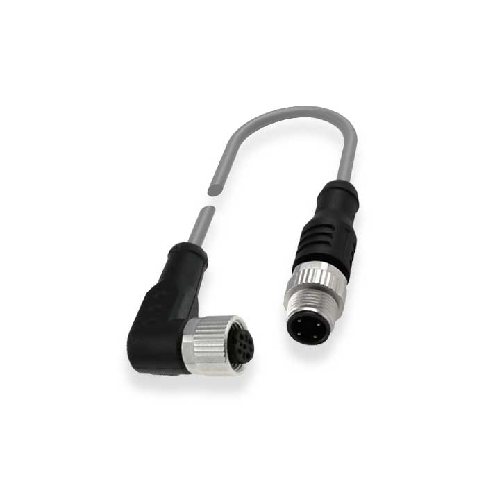 M12 4Pin、母头90°转公头直型、双端预铸PVC非柔性电缆、带屏蔽、灰色护套、64D227-XXX