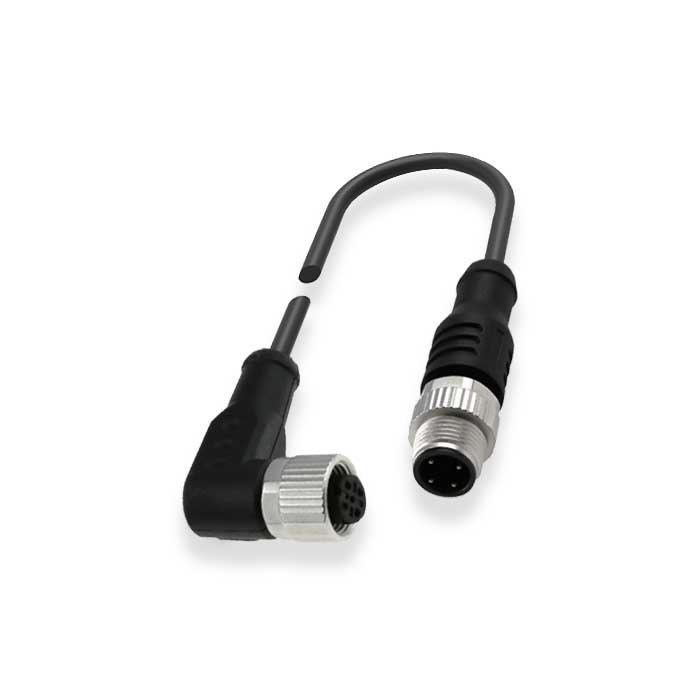 M12 4Pin、母头90°转公头直型、双端预铸PUR柔性电缆、带屏蔽、黑色护套、64D225-XXX