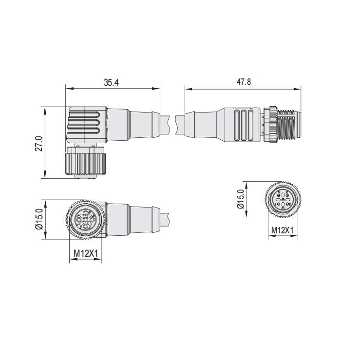 M12 4Pin、母头90°转公头直型、双端预铸PUR柔性电缆、带屏蔽、黑色护套、64D225-XXX