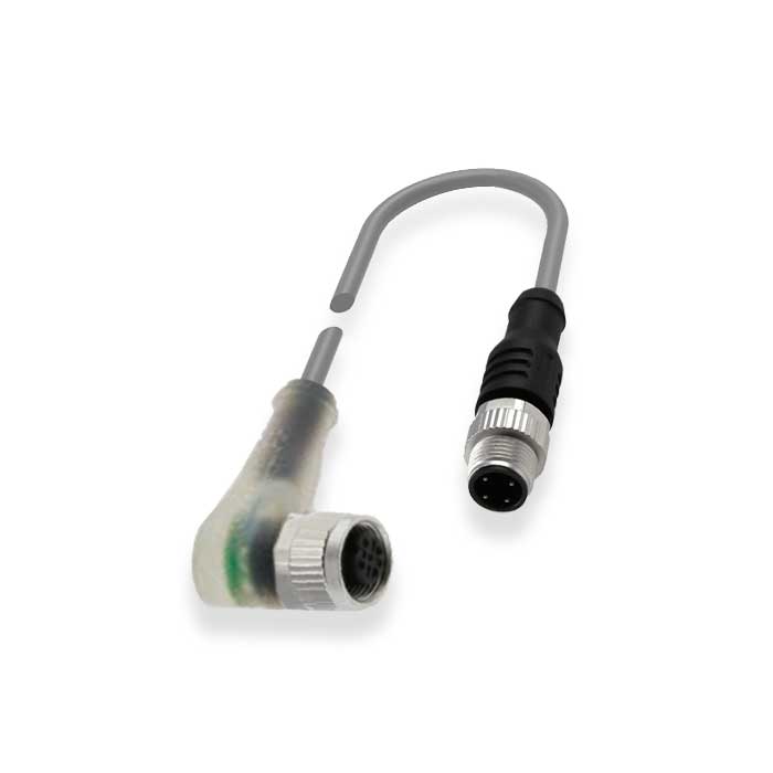 M12母头90°带LED转M8公头直型、4Pin、双端预铸PVC非柔性电缆、灰色护套、64D103-XXX