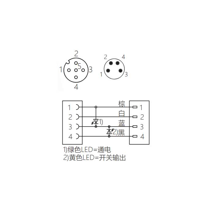 M12母头90°带LED转M8公头直型、4Pin、双端预铸PUR柔性电缆、黑色护套、64D101-XXX
