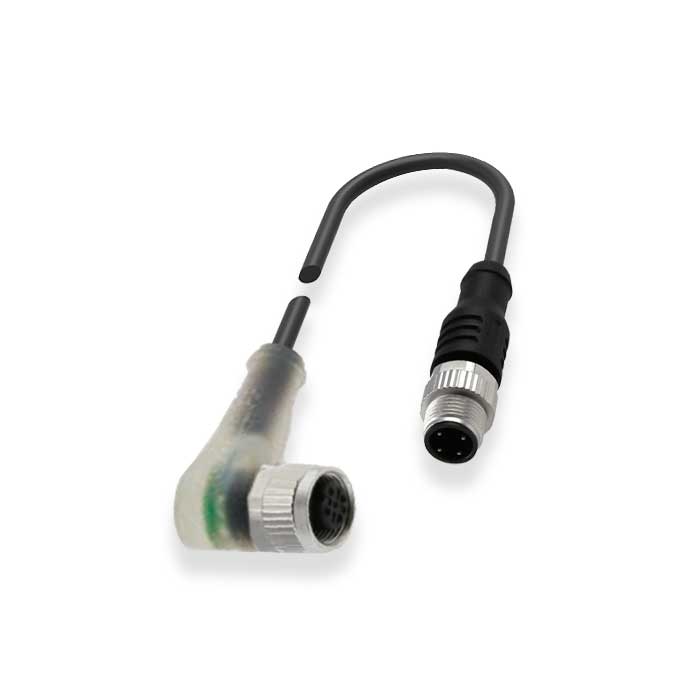 M12母头90°带LED转M8公头直型、4Pin、双端预铸PUR柔性电缆、黑色护套、64D101-XXX