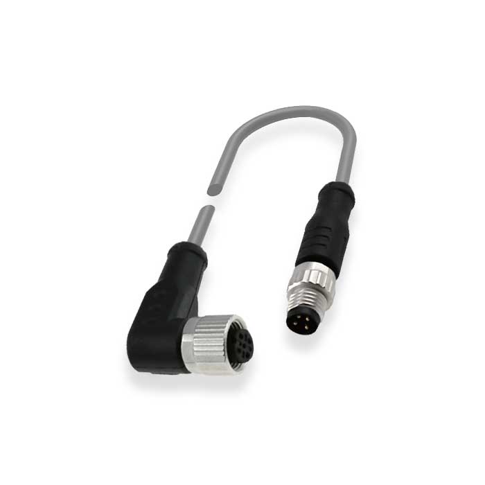M12 母头90°转M8公头直型、4Pin、双端预铸PVC非柔性电缆、灰色护套、64D083-XXX