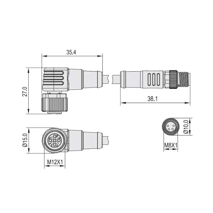 M12母头90°转M8公头直型、4Pin、双端预铸PUR柔性电缆、黑色护套、64D081-XXX
