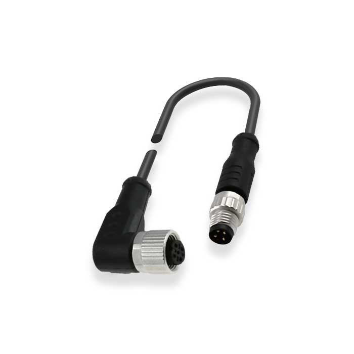 M12母头90°转M8公头直型、4Pin、双端预铸PUR柔性电缆、黑色护套、64D081-XXX