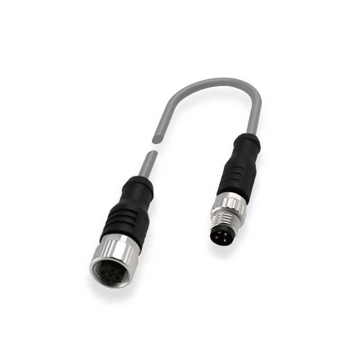 M12母头直型转M8公头直型、4Pin、双端预铸PVC非柔性电缆、灰色护套、64D063-XXX