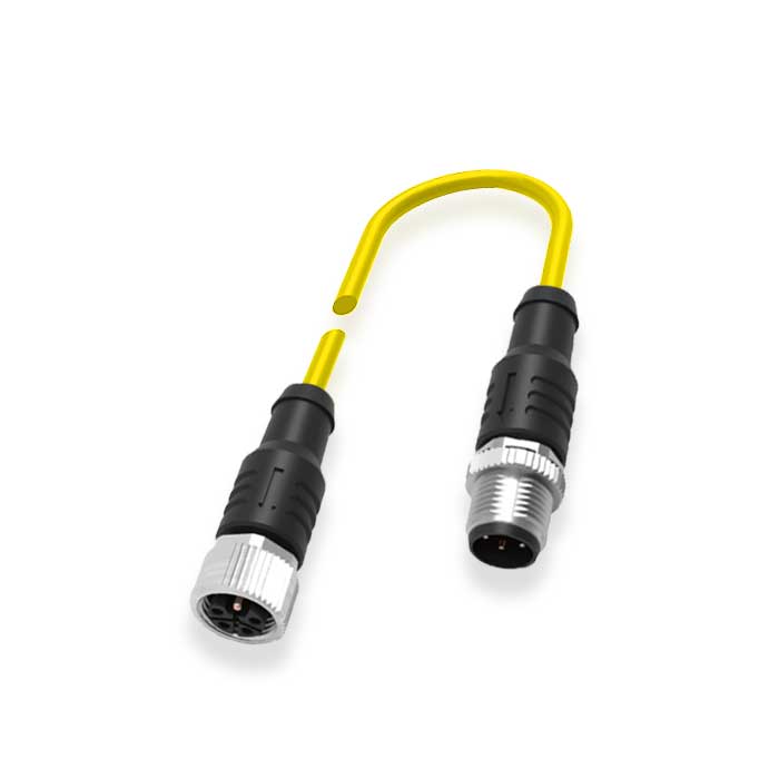 M12 5Pin、L-coded、母头直型转公头直型、双端预铸PVC非柔性电缆、黄色护套、64LD03-XXX
