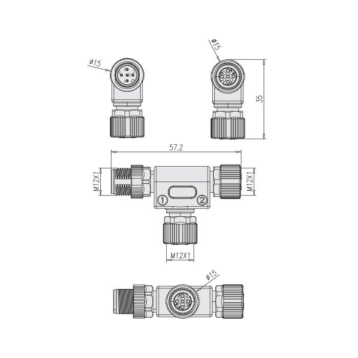 M12 5Pin、母头 转 M12公头+M12母头、T型连接器、0C4555