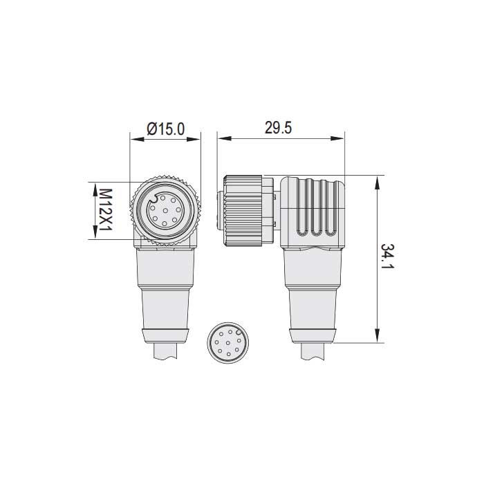 M12 8Pin、母头90°、单端预铸PVC非柔性电缆、灰色护套、64S345-XXX