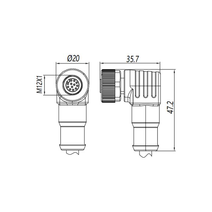 M12 12Pin、母头90°、单端预铸PVC非柔性电缆、灰色护套、64S493-XXX