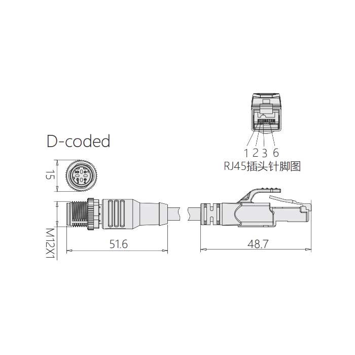 M12 4Pin D-coded、公头直型转RJ45公头直型、双端预铸PUR柔性电缆、带屏蔽、黄色护套、0C4142-XXX
