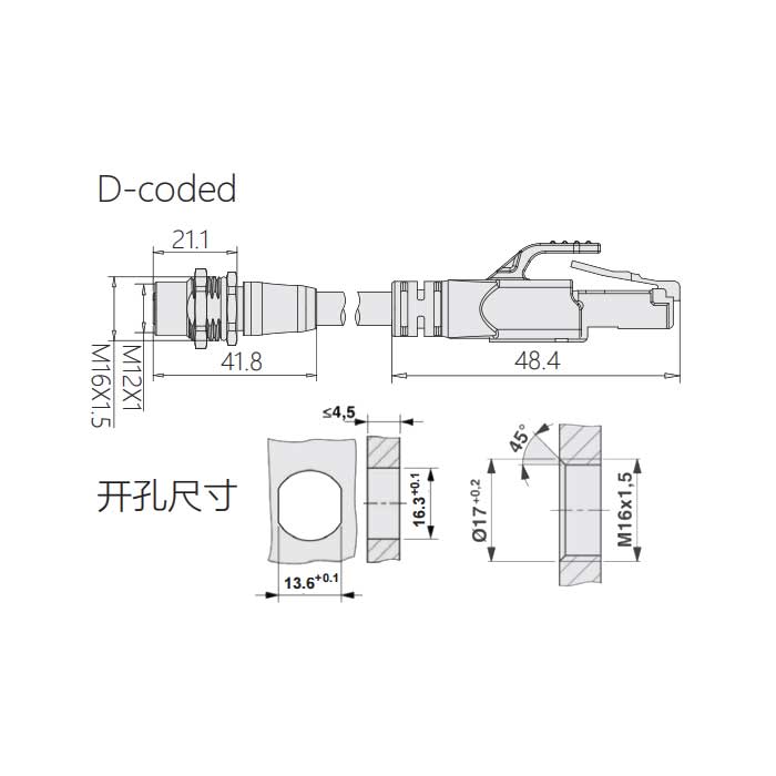 M12 4Pin D-coded、板面法兰母头转RJ45公头直型、双端预铸PVC非柔性电缆、带屏蔽、黄色护套、0C4228-XXX