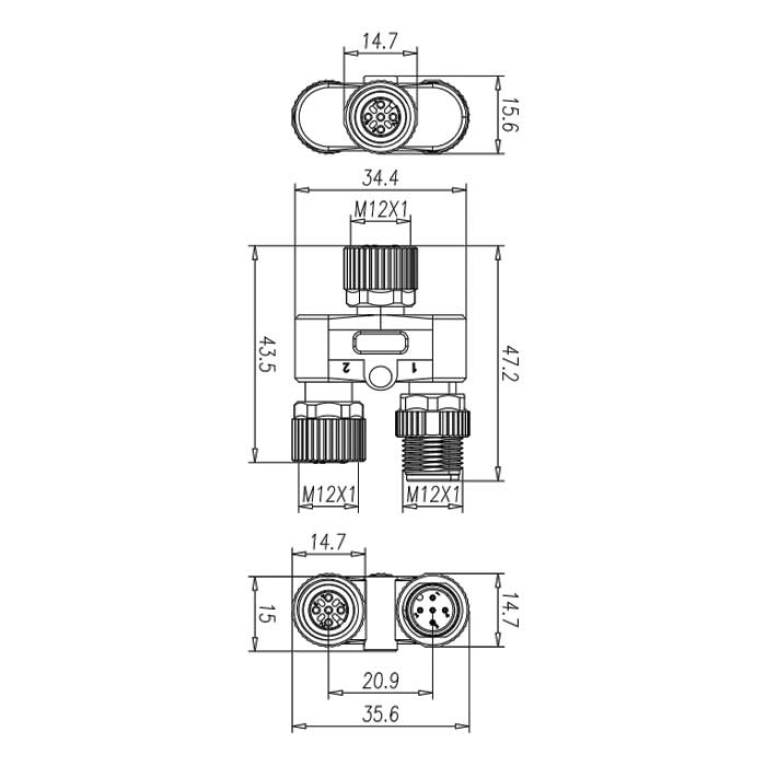 M12 5Pin、母头 转 M12公头+M12母头、三通接头、644443