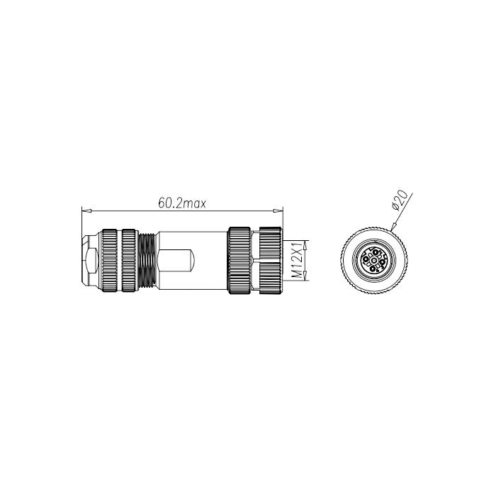 M12 4Pin、D-coded、母头直型、螺钉连接、金属屏蔽、0CF121
