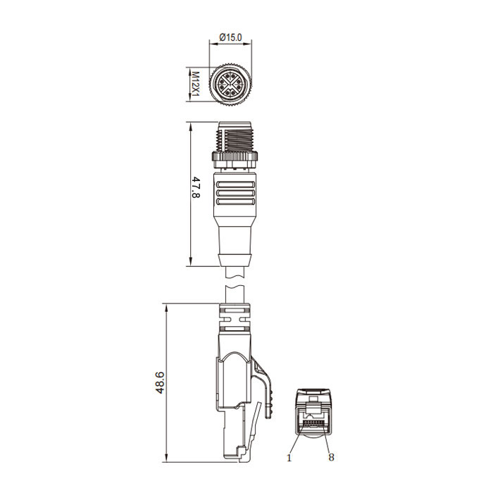 M12 8Pin straight male（ X-coded）/RJ45 male、Dual end molding TPE flexible cable、With shielding、Green sheath、Cat.6a 10Gbps、0CF461-XXX