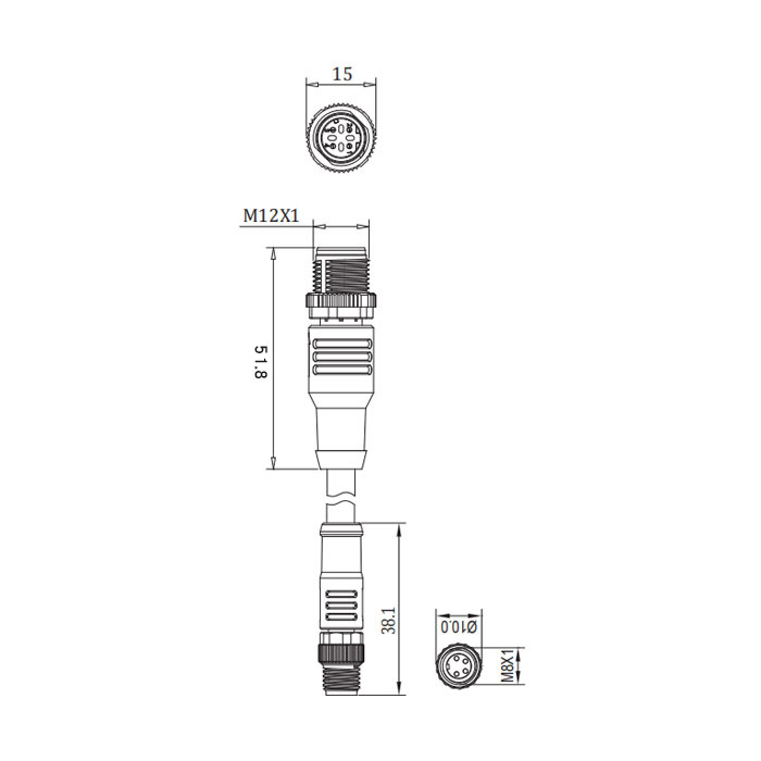 M8 4Pin 公头直型转M12 4Pin 公头直型 (D-coded)、双端预铸PUR柔性电缆、带屏蔽、绿色护套、0C3063-XXX