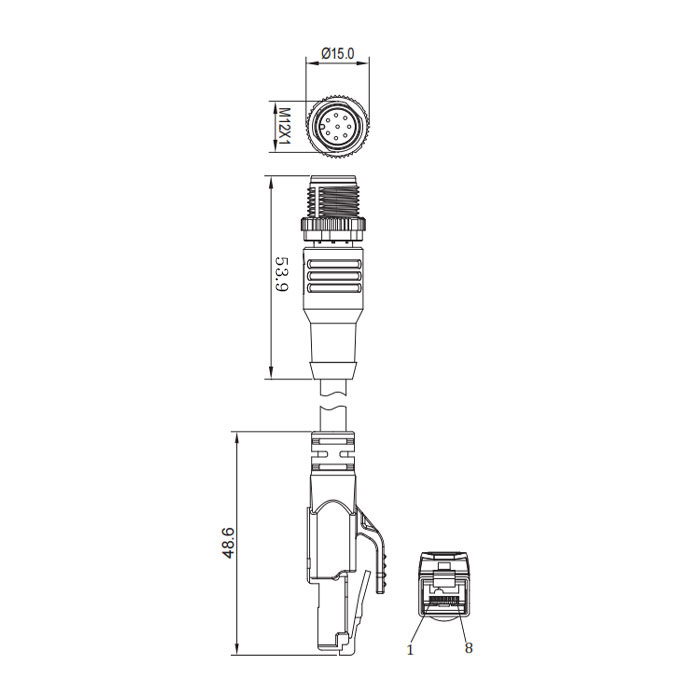 M12 8Pin straight male/RJ45 male、Dual end molding TPE flexible cable、With shielding、Blue sheath、Ethernet Cat.5e、0C4461-XXX 