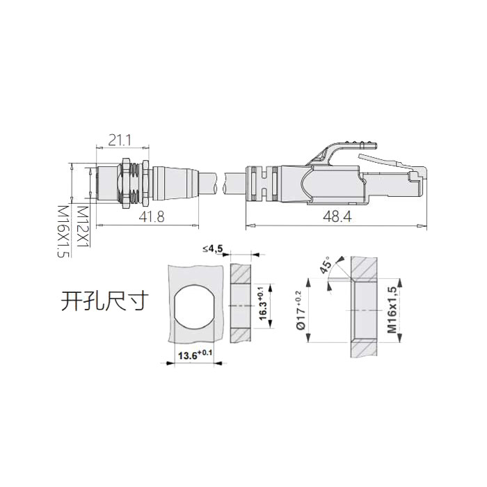 M12 4Pin D-coded、板面法兰母头转RJ45公头直型、双端预铸PVC非柔性电缆、带屏蔽、黄色护套、0C4228-XXX