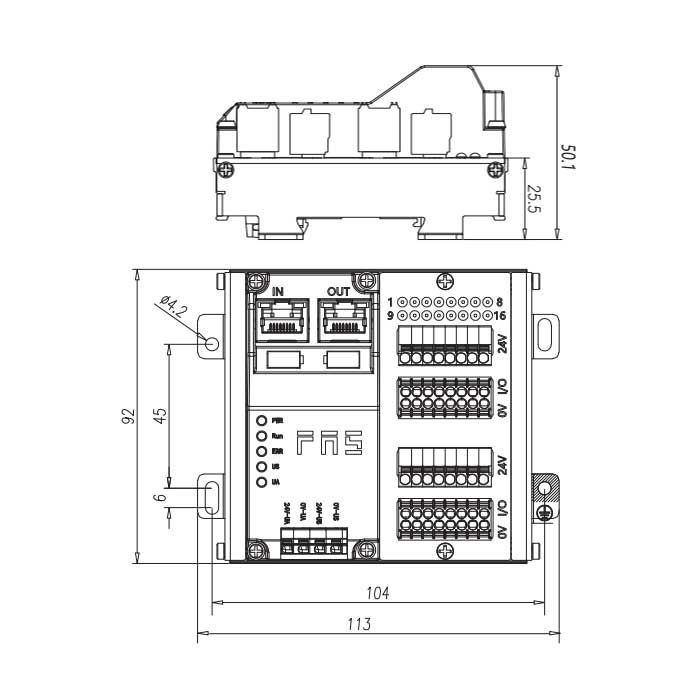 多协议模块IP20、16DI/DO 自适应配置、NPN、端子式、RJ45网口、远程模块、009B12
