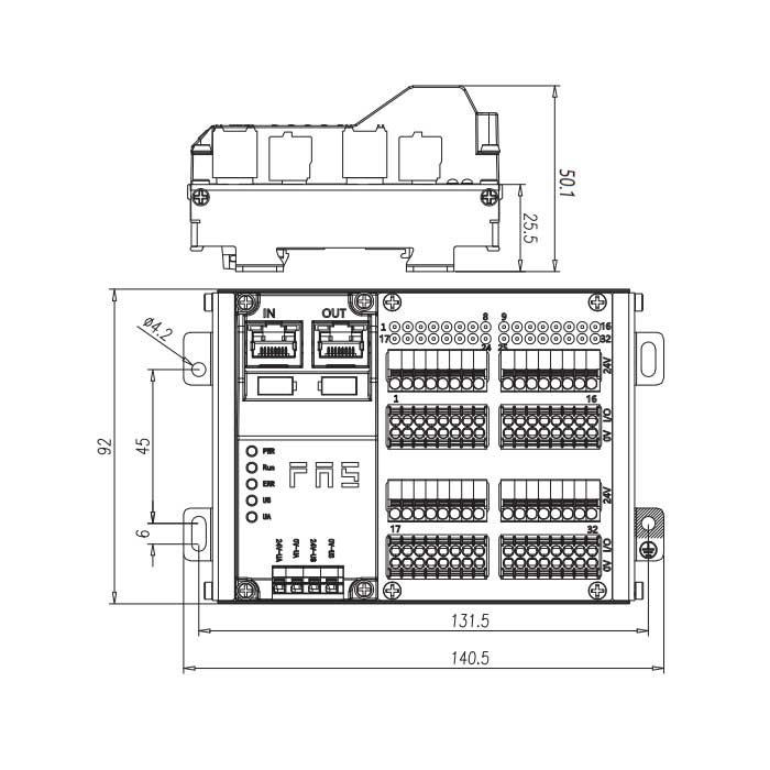 EtherCAT协议、32DI、PNP、端子式、RJ45网口、IP20远程模块、009E34
