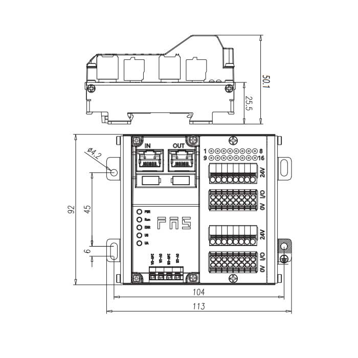 EtherCAT协议、16DI/DO 自适应、NPN、端子式、RJ45网口、IP20远程模块、009E12