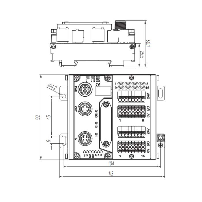 Modbus-RTU协议、IP20、16DI/DO 自适应、NPN、端子式、远程模块、009M11