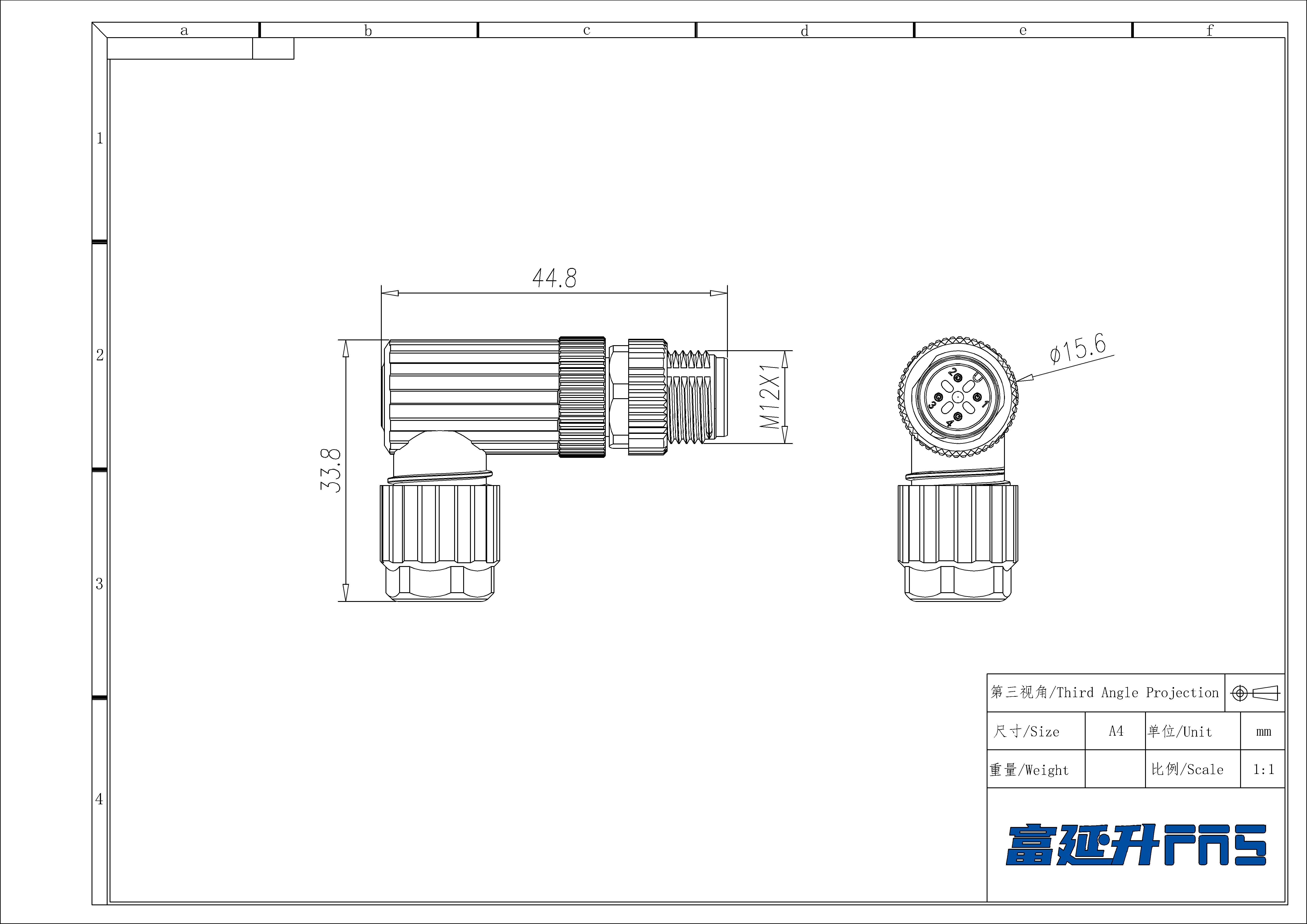 M12 4Pin、公头90°、食品级、直插式端子、64F859