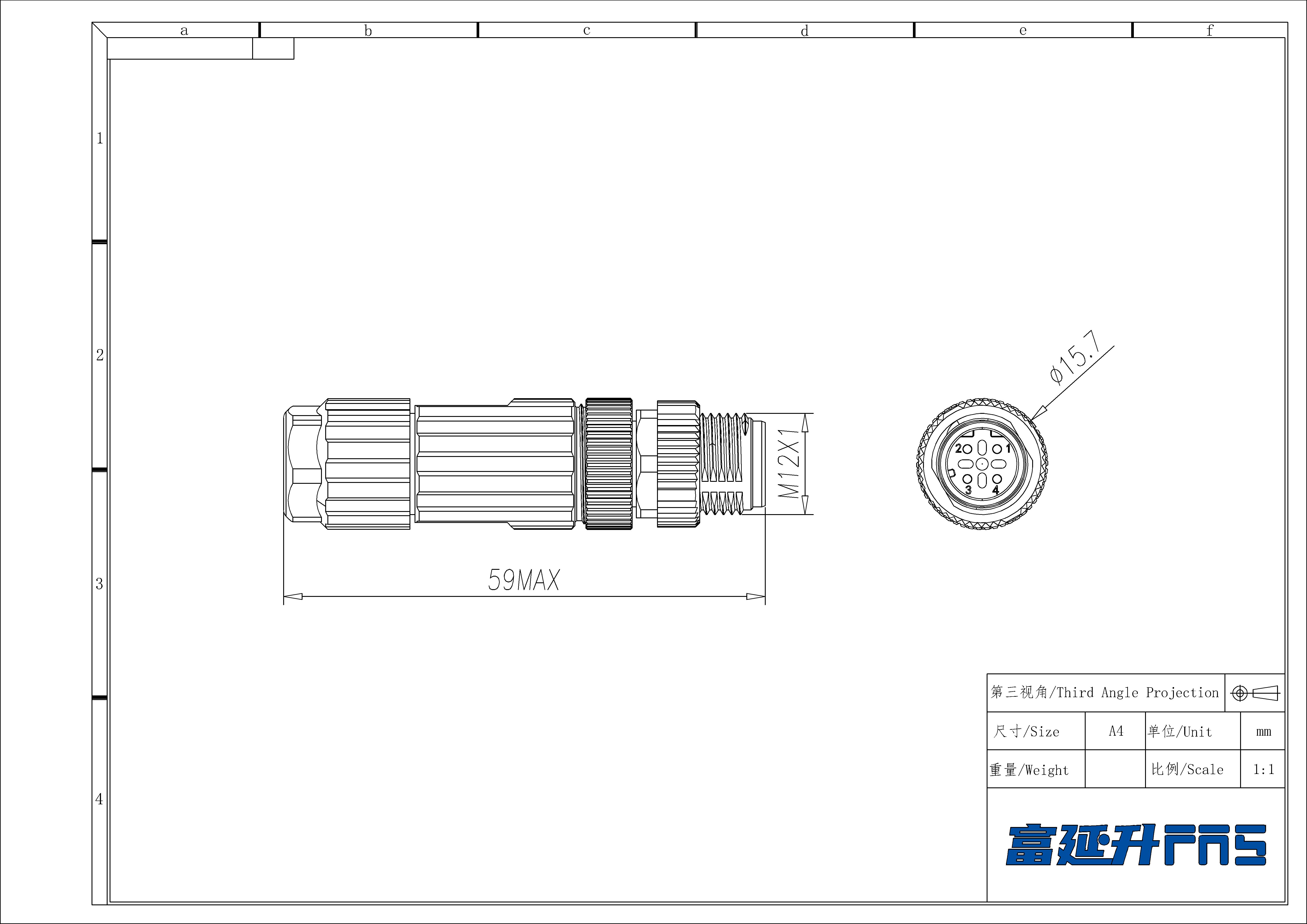 M12 4Pin、D-coded、公头直型、食品级、直插式端子、64F869