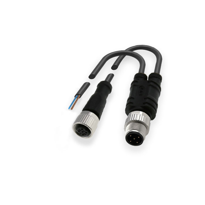 M12 3Pin公头 转 M12 3Pin母头+自由端、Y型预铸PUR拖链电缆、黑色护套、64D351XD-L1/L2