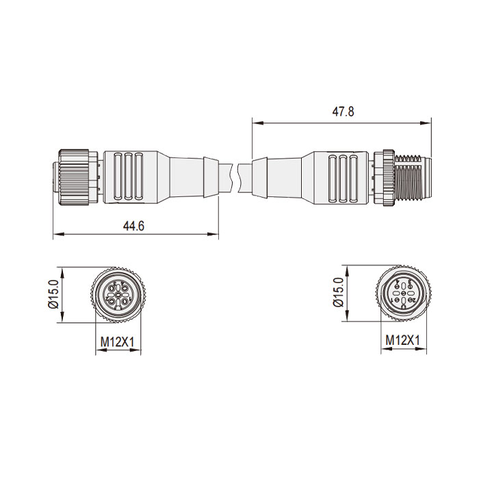 M12 4Pin、Class A 转 Class B、母头直型转公头直型、双端预铸PUR柔性电缆、带屏蔽、黑色护套、64D185AB-XXX