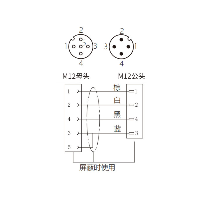 M12 4Pin、Class A 转 Class B、母头直型转公头直型、双端预铸PUR柔性电缆、带屏蔽、黑色护套、64D185AB-XXX