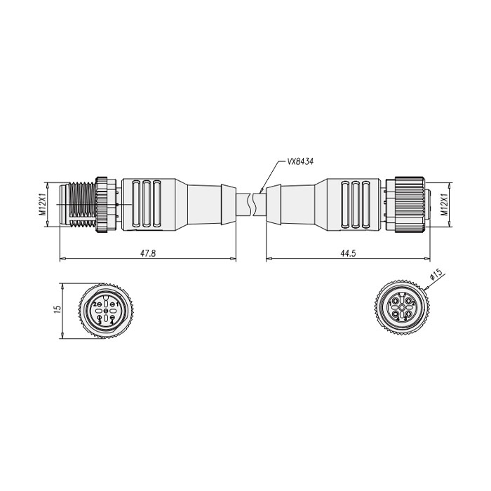 M12 4Pin、Class B 转 Class A、母头直型转公头直型、双端预铸PVC非柔性电缆、带屏蔽、灰色护套、64DBA7-XXX