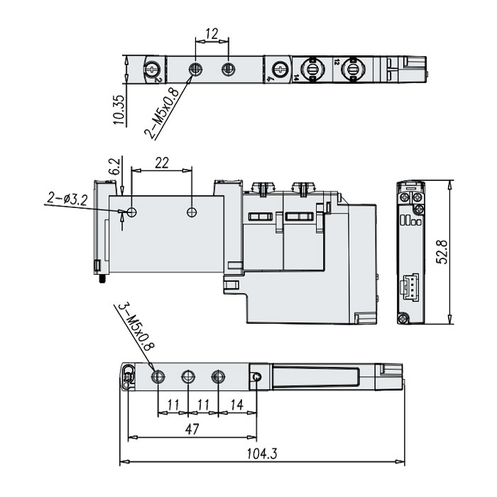 In-line valve M5 (IP20-terminal type)、2x3/2-way valve、Internal pilot、Normally closed, pneumatic reset、FVG-L10-T32C-A-M5-A1、7100011103